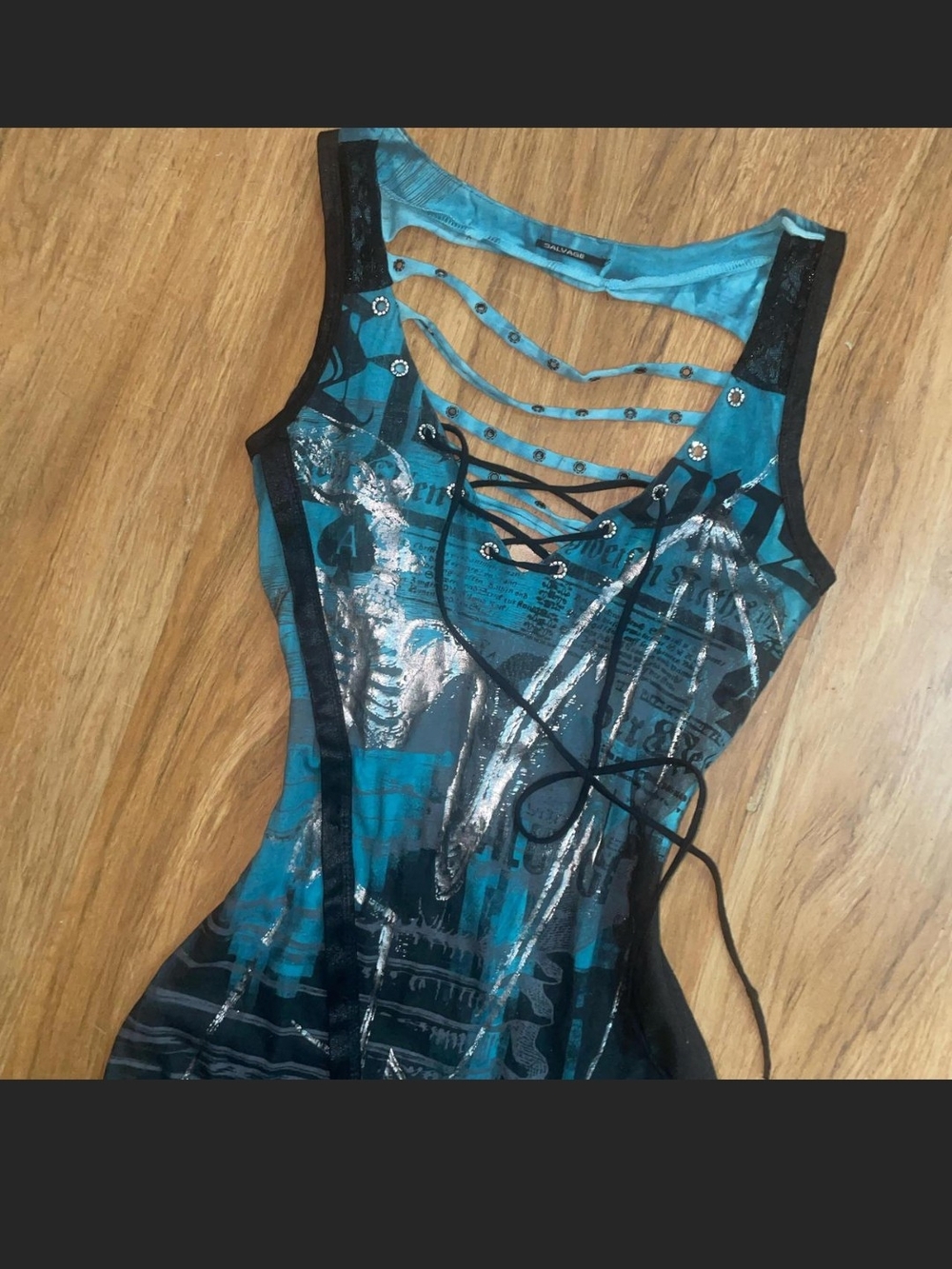 Salvage Vnt Sleeveless Teal Lace-Up Mini Dress With Mesh Cutout On Back So HOT! - Picture 4 of 8